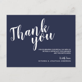 Modern Script Navy Blue Bröllop Tack Vykort