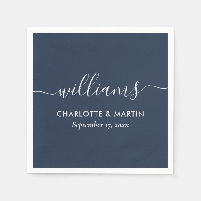 Modern Script Navy Blue och Silver Bröllop Pappersservett (Framsidan)