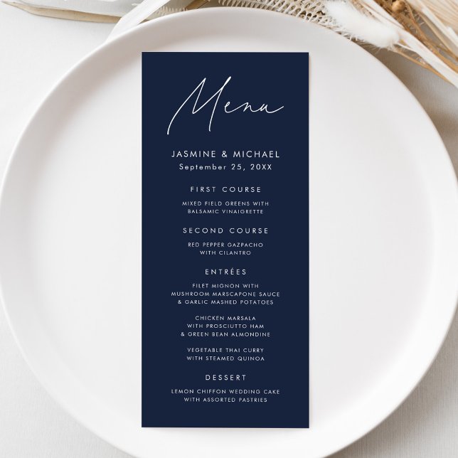 Modern Script Navy Bröllop Meny (Skapare uppladdad)