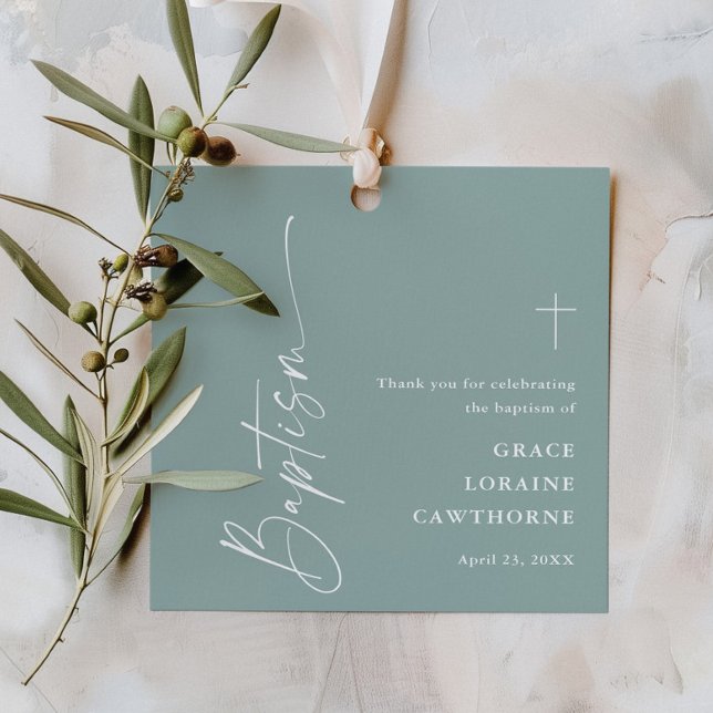 Modern Script Neutral Dopning Tack Gåvor Etiketter (Modern script sage green boho baptism thank you favor tags.)