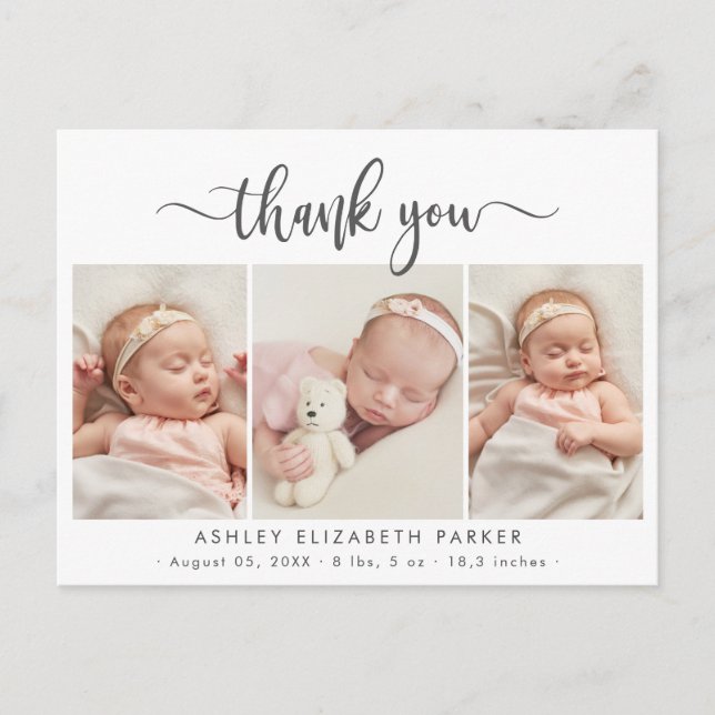 Modern Script Newborn Baby Photo Collage Tack Vykort (Framsida)