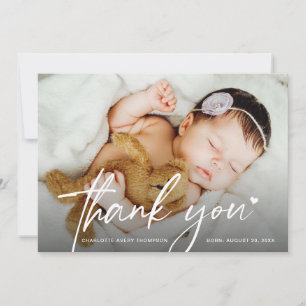 Modern Script Nyfödd baby Foto Hjärta  Tack Kort