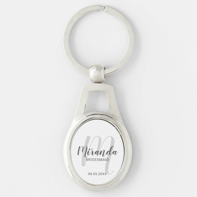 Modern Script Personlig Bridesmaid Ovalt Silverfärgad Nyckelring (Framsidan)