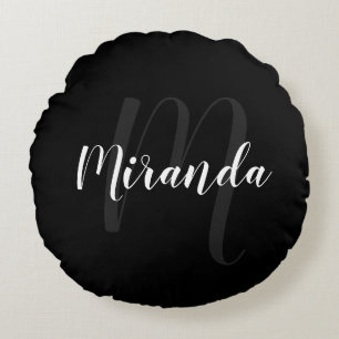 Modern Script Personlig Monogram och Namn Black Rund Kudde