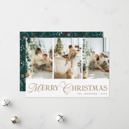 Modern Script Photo Collage Green Merry Christmas Julkort