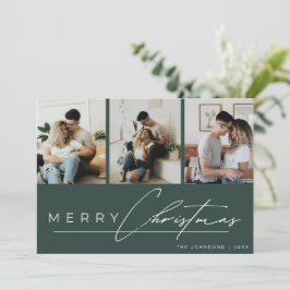 Modern Script Photo Collage Green Merry Christmas Julkort