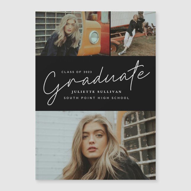 Modern Script Photo Collage Studenten Magnetisk Inbjudningskort (Framsida)