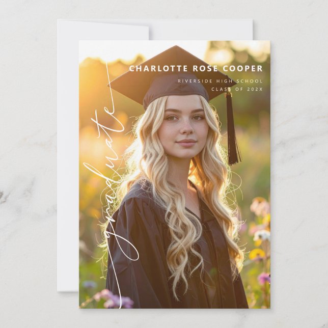 Modern Script Photo Graduation Announcement Meddelande (Framsida)