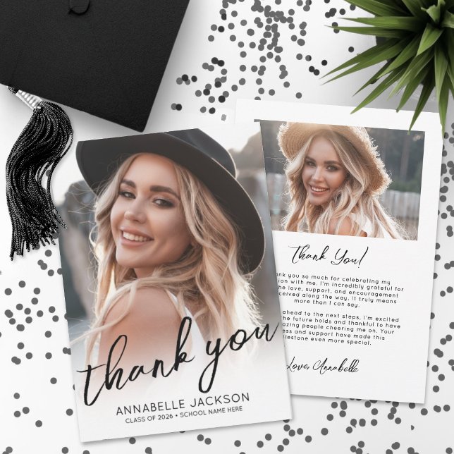 Modern Script Photo Graduation Tack Kort (Modern Script Photo Graduation Thank You Card)