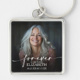 Modern Script Photo Memorial Forever in our Hearts Fyrkantig Silverfärgad Nyckelring