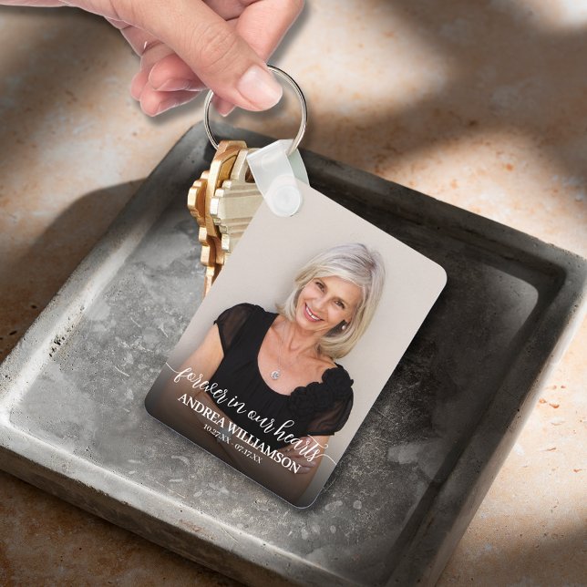 Modern Script Photo Memorial Forever in our Hearts Nyckelring (Modern script Forever in Our Hearts photo memorial double-sided keychain)
