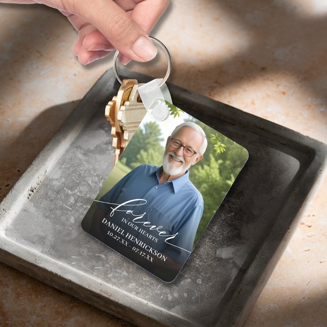Modern Script Photo Memorial Forever in our Hearts Nyckelring (Modern script Forever in Our Hearts photo memorial double-sided keychain)