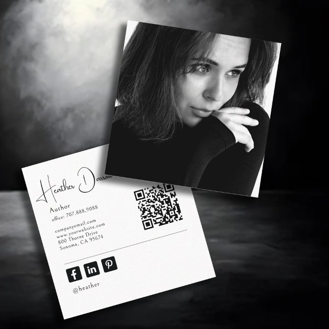 Modern Script Photo QR Code Author Writer Fyrkantigt Visitkort (Skapare uppladdad)