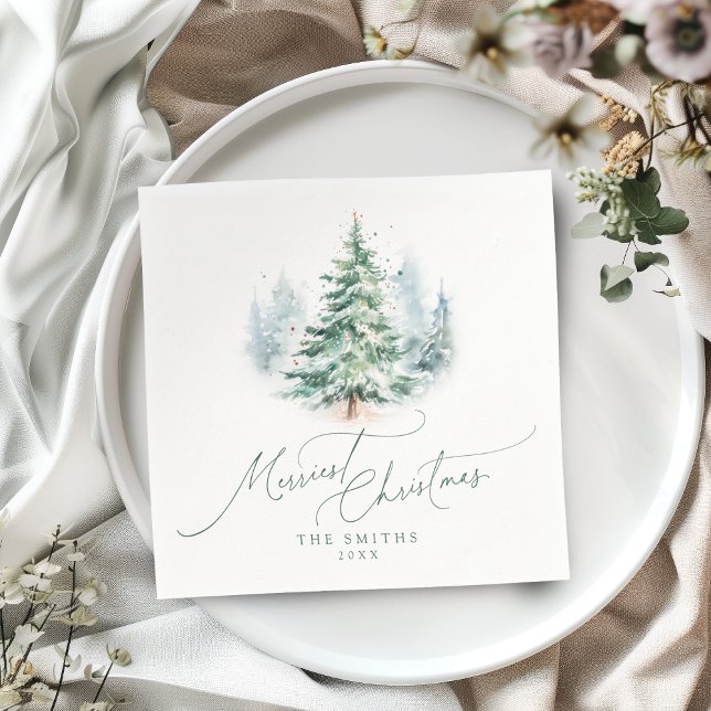 Modern Script Pine Tree Merriest Christmas Pappersservett (Modern Script Pine Tree Merriest Christmas Napkins)