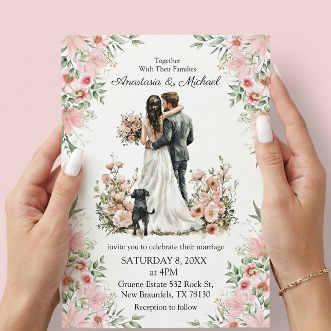  modern script pink floral wedding invitation   anteckningskort (Skapare uppladdad)