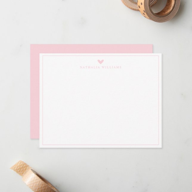 Modern Script Pink Heart Border Monogram Note Card Anteckningskort (Fram/Back In Situ)