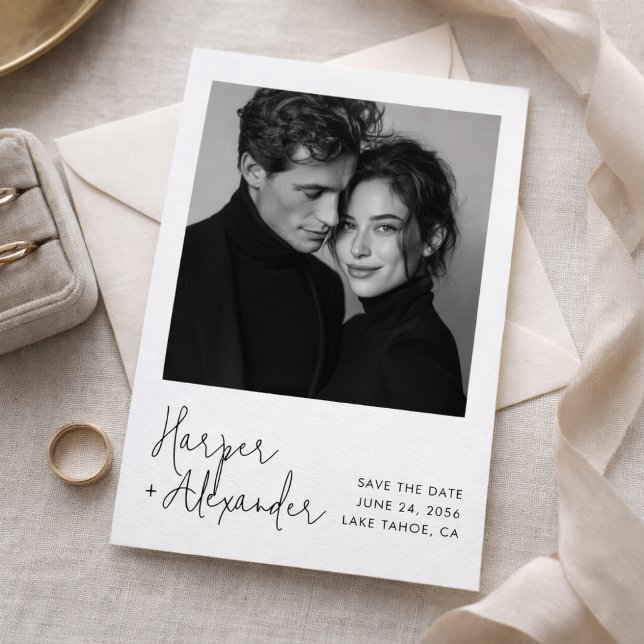 Modern Script Polaroid Photo Wedding Save the Date Spara Datumet (Skapare uppladdad)