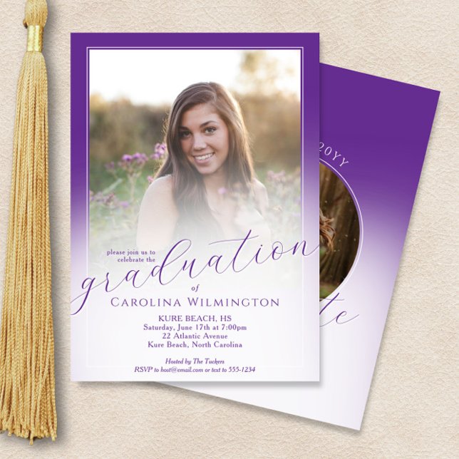 Modern Script Purple Ombre Photo Graduation Inbjudningar (Skapare uppladdad)
