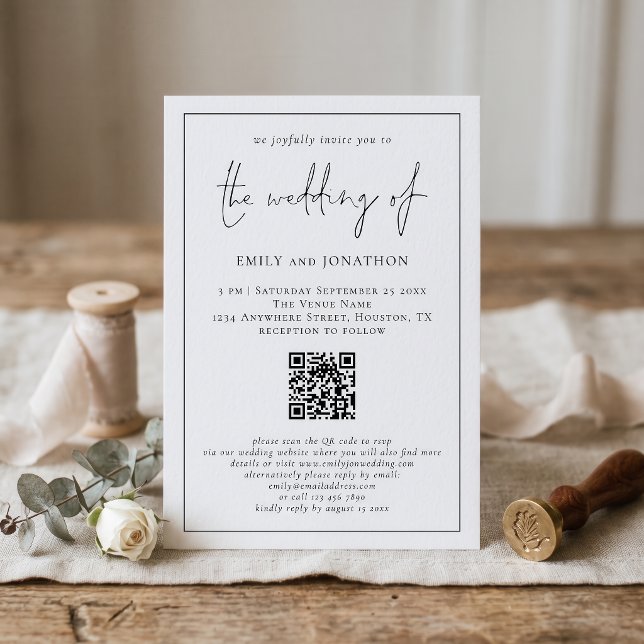 Modern Script QR-kod Linje Kant Bröllop Inbjudningar (Skapare uppladdad)