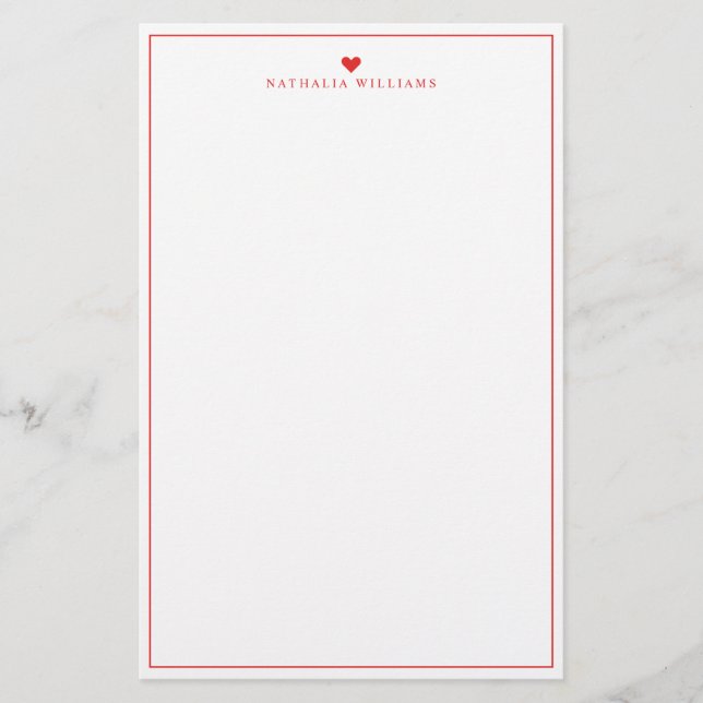 Modern Script Red Heart Gräns Monogram Brevpapper (Framsida)
