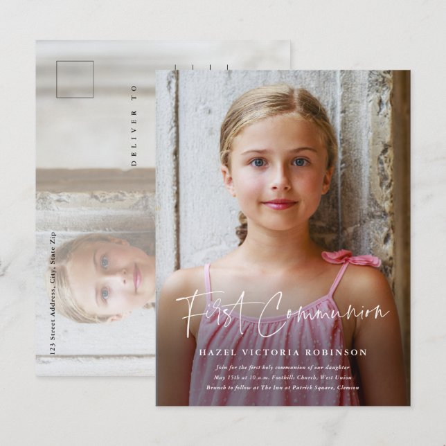Modern Script Religiös Första Kommunion Inbjudan Vykort (Fram/baksida)