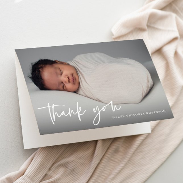 Modern Script Religiöst Foto Dop  Tack Kort (Modern script typography overlay photo baptism thank you card.)