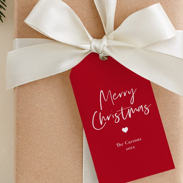 Modern Script Röd jul  Presentetikett (Simple red and white script merry christmas gift tags.)