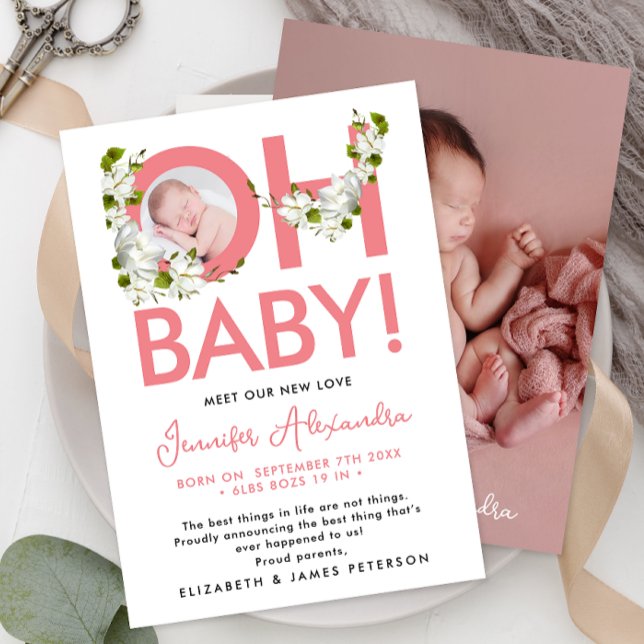 Modern Script Rosa Blommigt Nyfödd bebis avisering Inbjudningar (Skapare uppladdad)