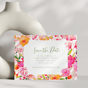 Modern Script Rosa Orange Flowers Bröllop Spara Datumet