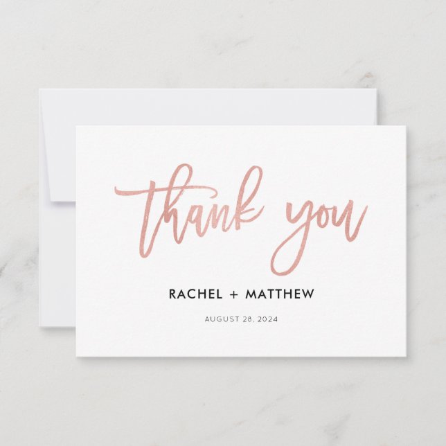 Modern Script Rose Gold Glam Platt Tackkort Tack Kort (Framsida)