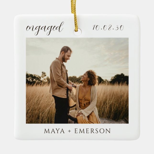 Modern Script Rustic Engagement Photo Keepsake  Julgransprydnad Keramik (Framsida)