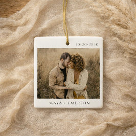 Modern Script Rustic Engagement Photo Keepsake  Julgransprydnad Keramik