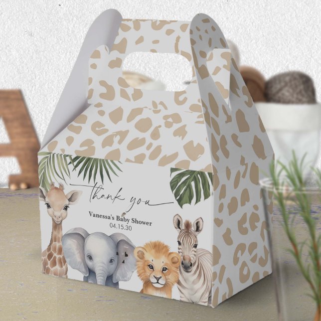 Modern Script Safari Animals Pojke Shower Presentaskar (Safari Animal, Baby BOy Shower Favor box.)