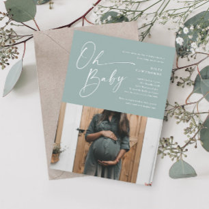 Modern Script Sage Green Foto Baby Shower Inbjudningar