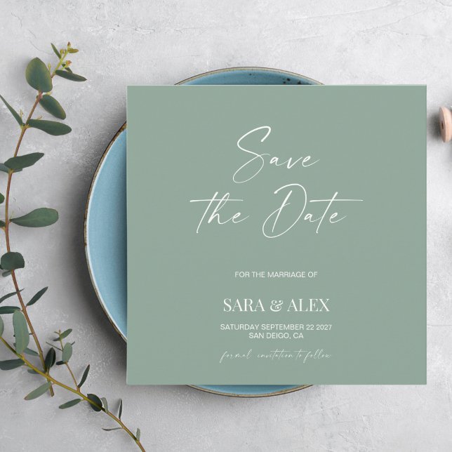 Modern script sage green typography wedding save  (Skapare uppladdad)
