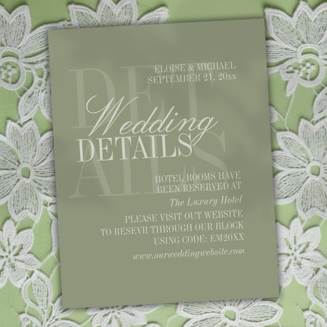 Modern Script Sage Green Wedding Details QR Tilläggskort (Invite guest to plan their stay with this Modern Script Sage Green Card!)