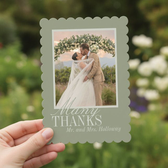 Modern Script Sage Green Wedding Photo Tack Kort (Thank guests for celebrating your big day with this Modern Script Sage Green Photo Thank You Card!)