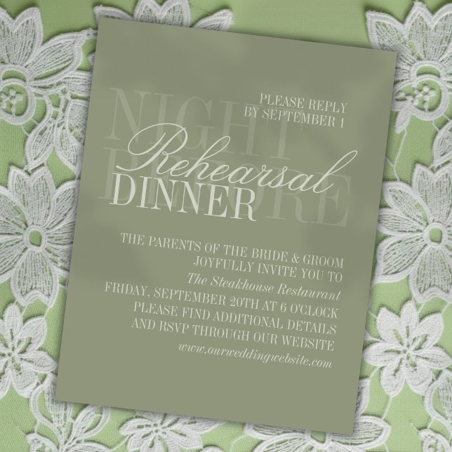 Modern Script Sage Green Wedding Rehearsal Tilläggskort (Invite guest to plan join your rehearsal dinner with this Modern Script Sage Green Card!)