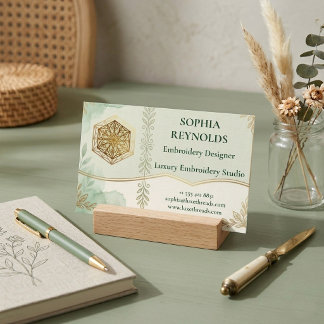 Modern Script Sage Grön Broderi Studio Logotyp Visitkort