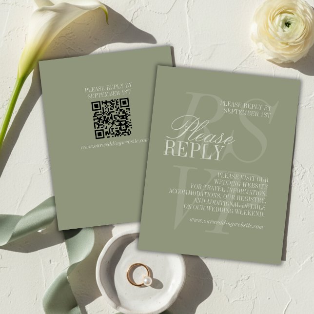 Modern Script Sage Grön QR Formell Bröllop  OSA Kort (Modern Script Sage Green QR Formal Wedding RSVP Card)