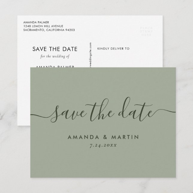 Modern Script Sage Grönt Bröllop spara datum Meddelande Vykort (Fram/baksida)