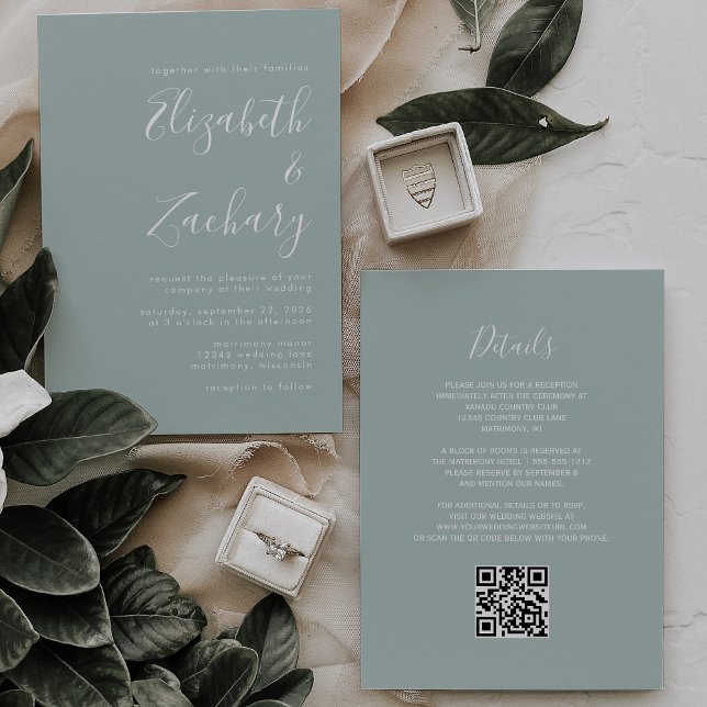 Modern Script Sea Glass Green QR Code Wedding Inbjudningar (Skapare uppladdad)