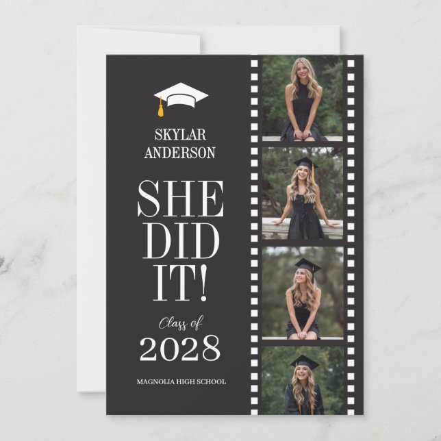 Modern Script Senior Photo Graduation Black Reel Inbjudningar (Framsida)