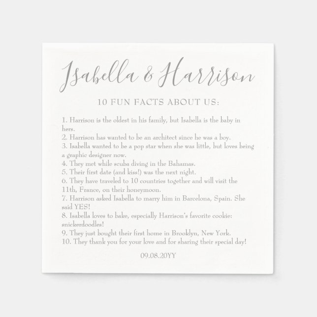 Modern Script Silver Roligt Facts Bröllop Napkins Pappersservett (Framsidan)
