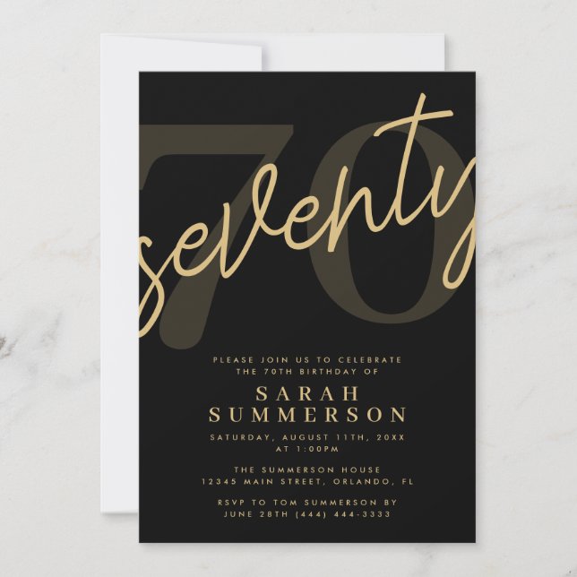 Modern Script Sixty Black Gold 70th Birthday Party Inbjudningar (Framsida)