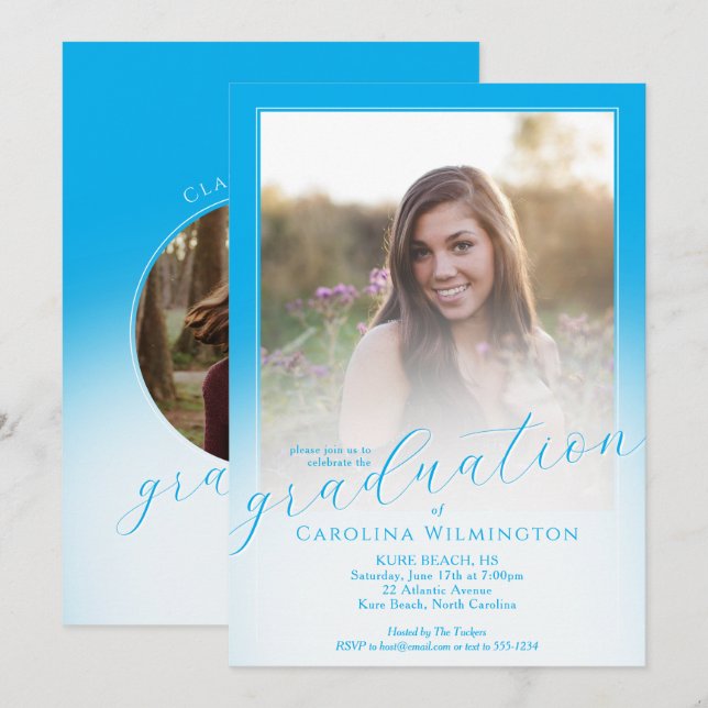Modern Script Sky Blue Ombre Photo Graduation Inbjudningar (Fram/baksida)