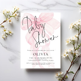 Modern Script Soft Pink Bow Baby Shower Inbjudningar