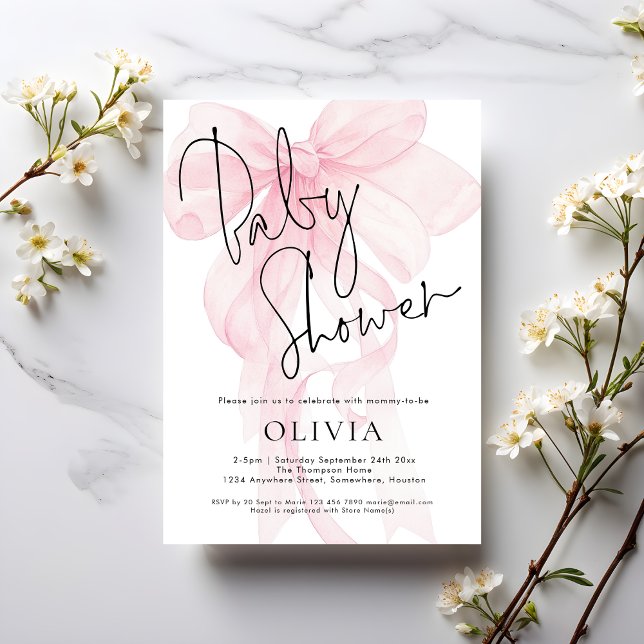 Modern Script Soft Pink Bow Baby Shower Inbjudningar (Skapare uppladdad)