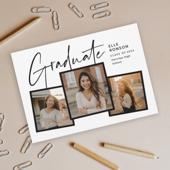 Modern Script Student Photo Collage Studenten Inbjudningar (Modern Script Graduate Black and White Photo Collage Graduation Invitation.)