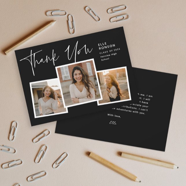 Modern Script Student Photo Collage Studenten Tack Kort (Modern script 3 photo collage graduation thank you card.)
